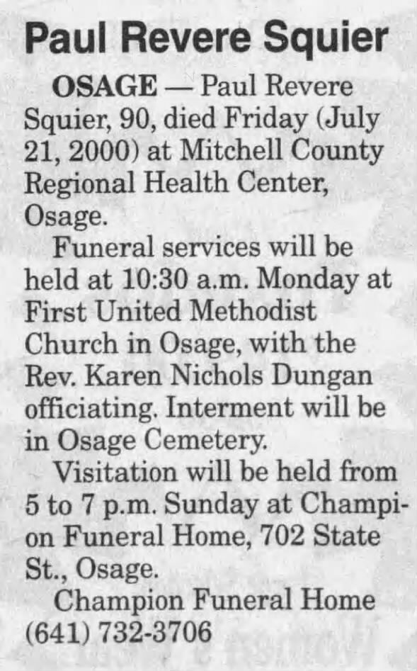 Obituary for Paul Revere Squier (Aged 90)